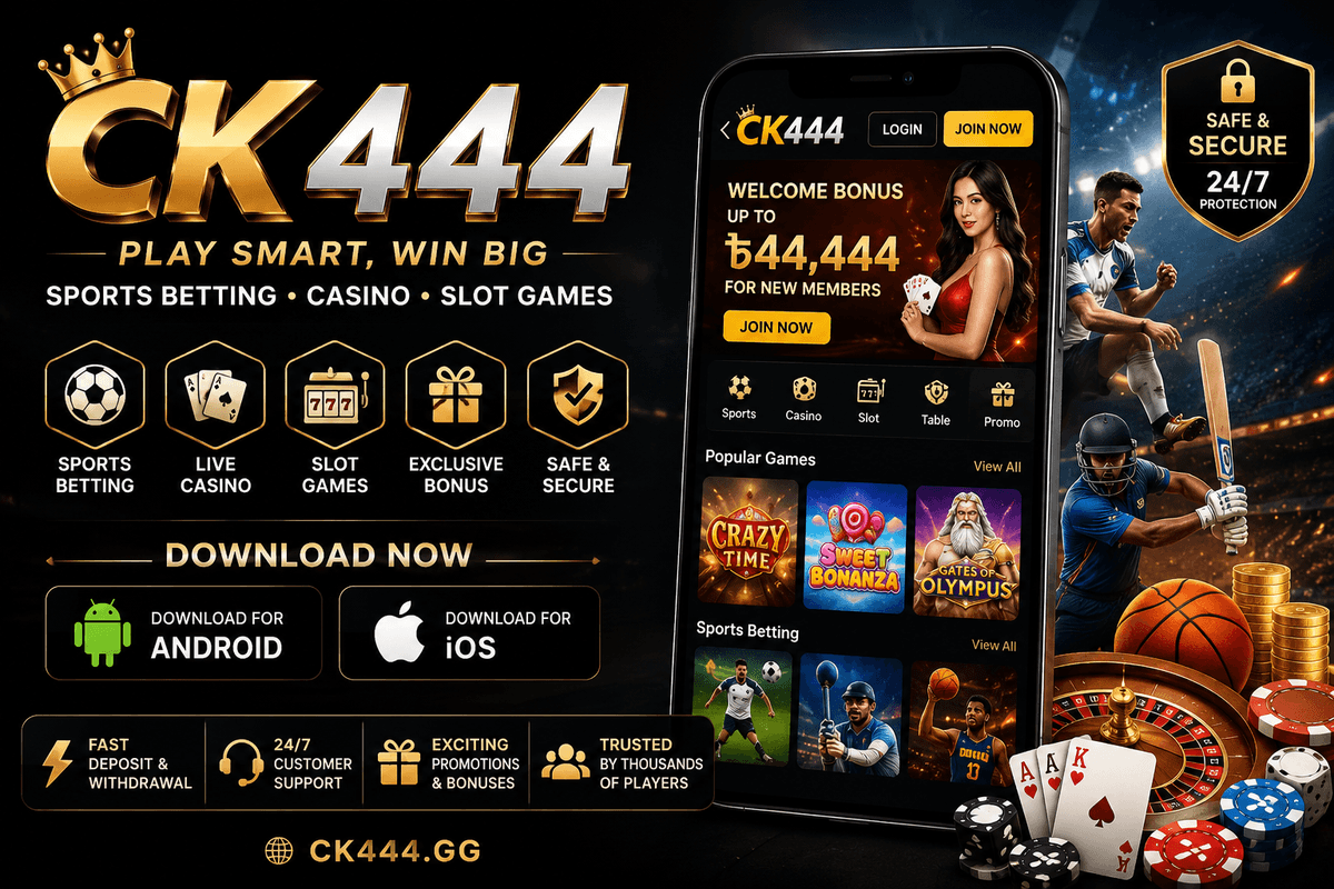 CK444 mobile app interface — popular games, sports betting, and live casino on Android